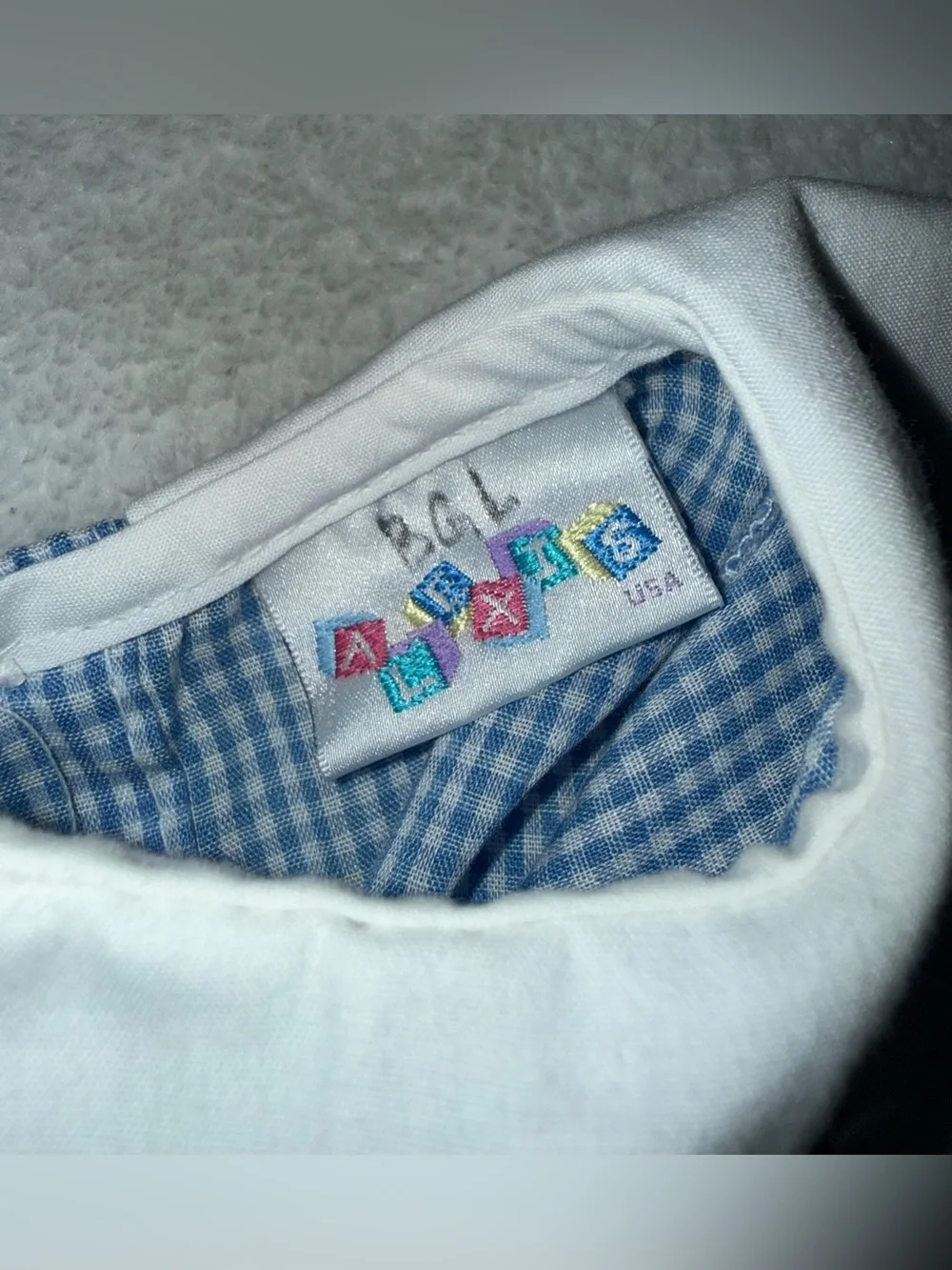 Alexis brand blue gingham bubble romper w/embroidered train details, size 3-6 mo